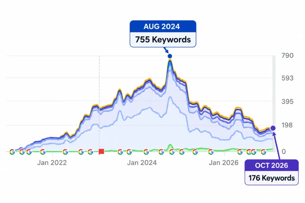 SEMrush organic keyword trend chart showing KLE Dental College's tracked ranking keywords declining from 755 in August 2024 to 176 in October 2026.