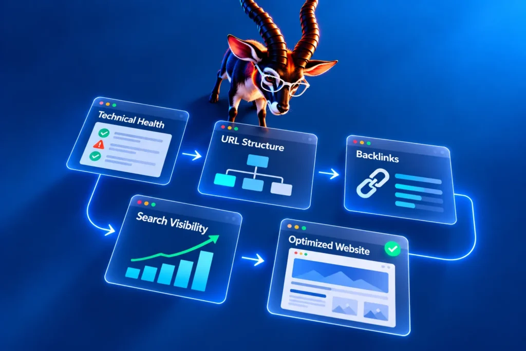Blackbuck analysing a website audit with sitemap, URLs, redirects, backlinks, rankings and technical SEO issues