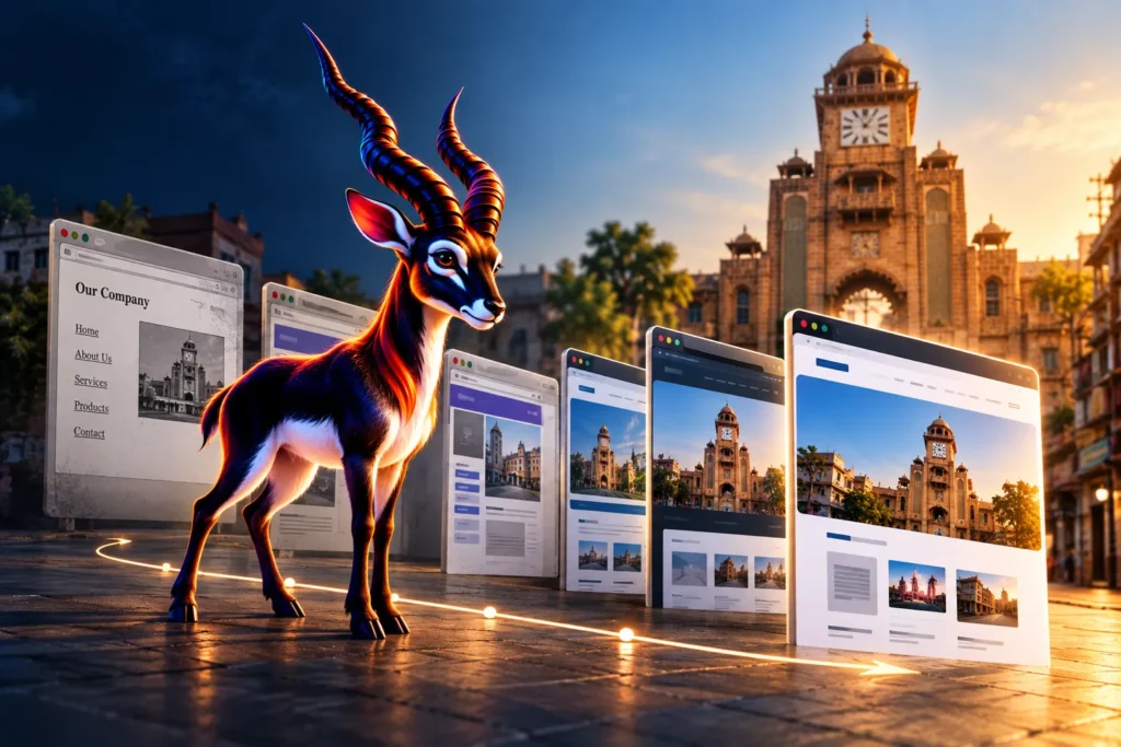 Blackbuck mascot examining the history and structure of an existing business website