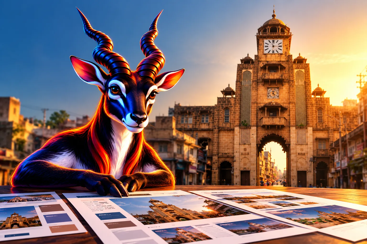 Blackbuck mascot reviewing website designs with Hubli's historic clock tower in the background